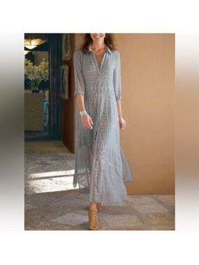 New Soft Surroundings Ibiza Embroidered Gray Kaftan Maxi Dress size large